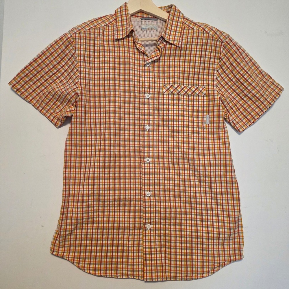 Columbia Plaid Short Sleeve Button Down Shirt Orange Yellow Grey Mens Size Large